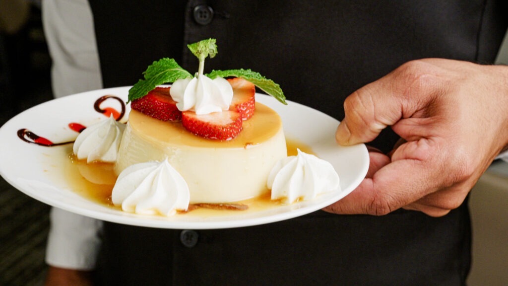 Homemade flan dessert at Chama Gaucha Brazilian Steakhouse San Antonio restaurant