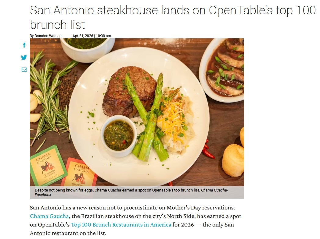 Chama Gaúcha San Antonio featured on OpenTable's Top 100 Brunch Restaurants list